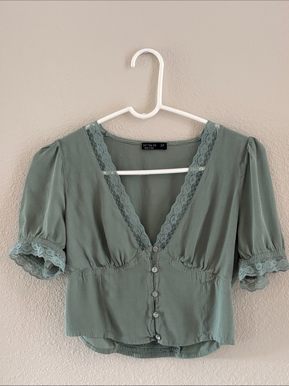 Cotton On Sage Green Lace-Trim Button Front Blouse